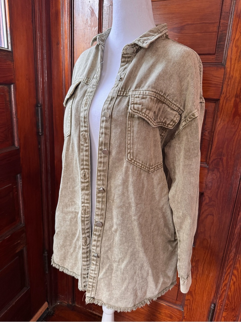 NWT Polagram Washed Olive Green Denim Shirt Jacket | Oversized Shacket | Raw Hem